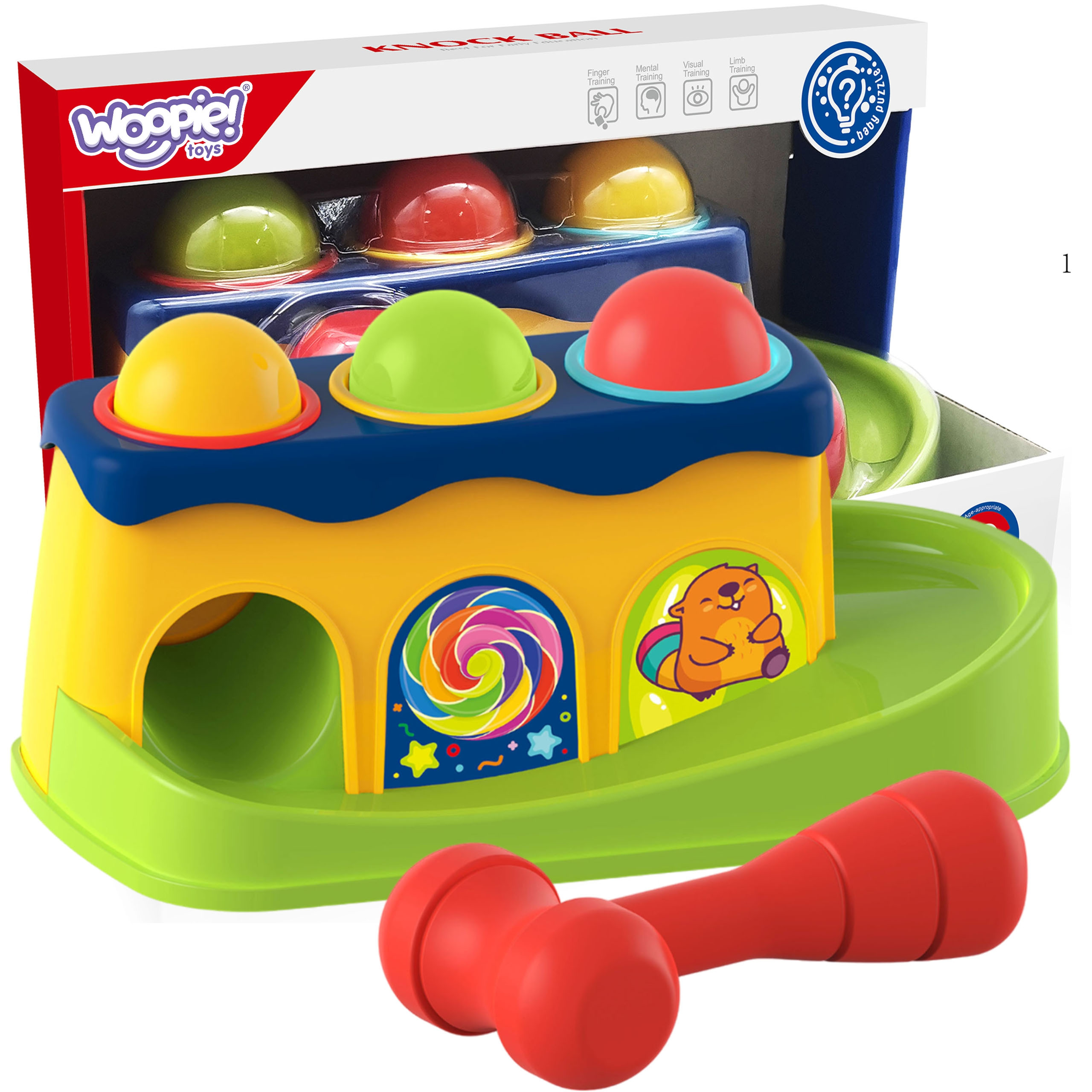 Kolorowa przebijanka Woopie Baby z młoteczkiem i kulkami w jasnych barwach