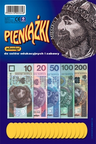 Banknoty i monety edukacyjne Adamigo – zestaw do zabawy w sklep i nauki podstaw finansów