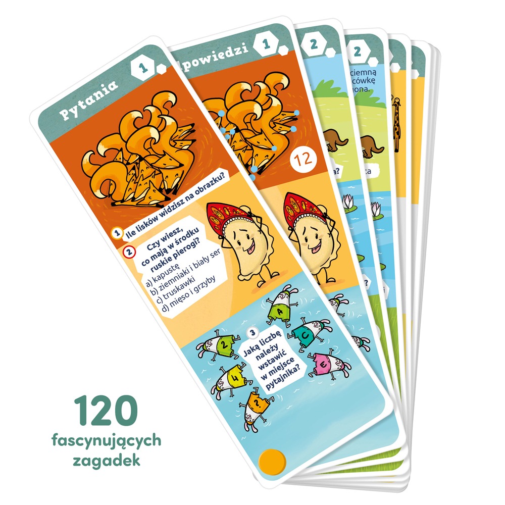 Strony z kolorowymi ilustracjami i zagadkami w Xplore Team Quizy edukacyjne 7–8 lat