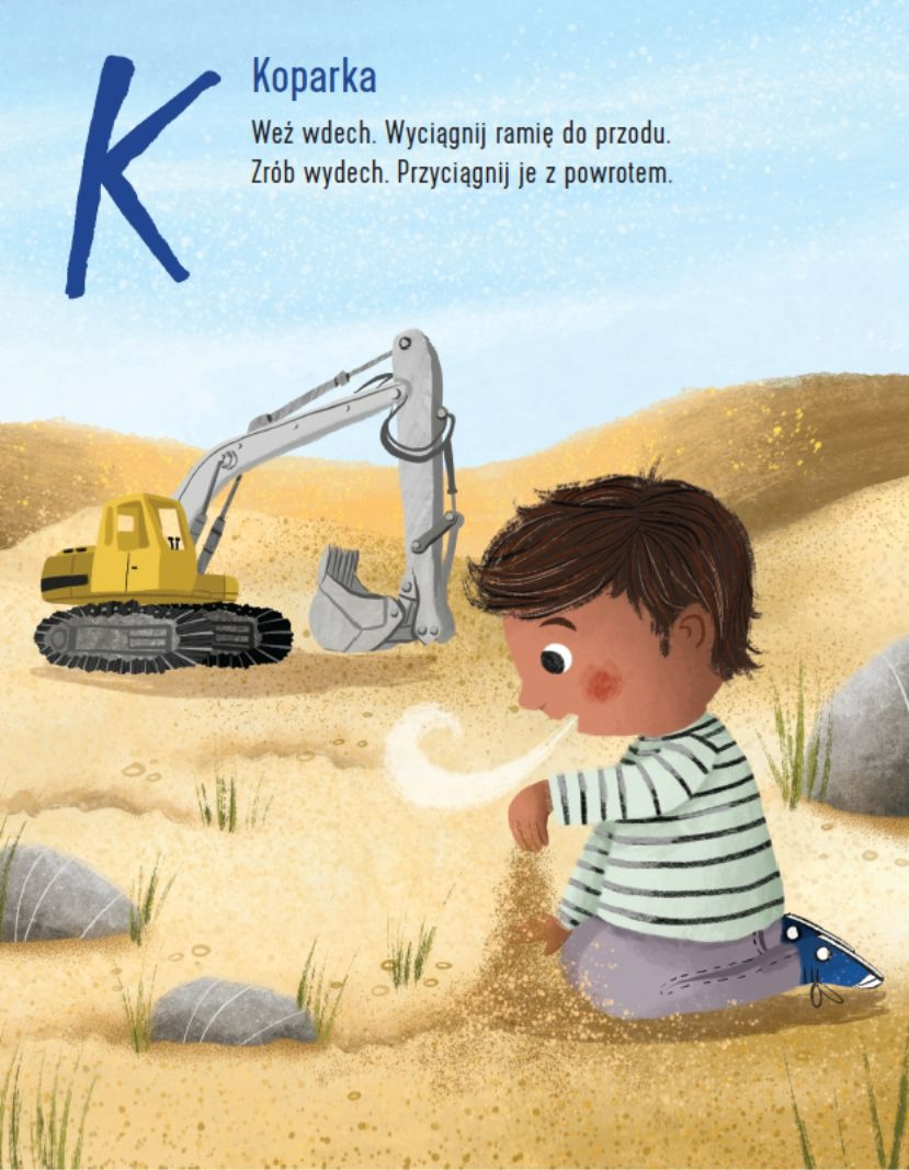 Kolorowe ilustracje i ćwiczenia oddechowe w książce Alfabetoddechy 2 dla dzieci CoJaNaTo