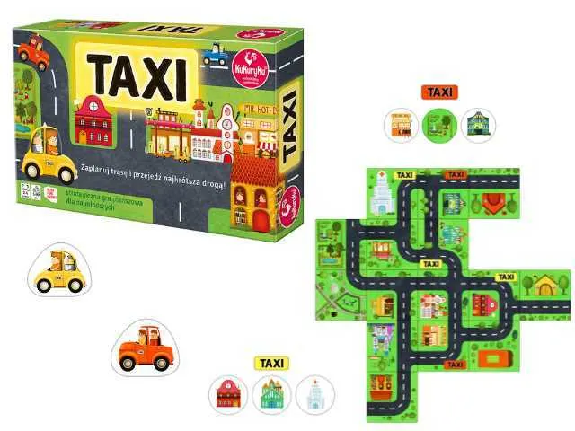Plansza i elementy gry Kukuryku Taxi – taksówki, karty postojów i żetony adresów