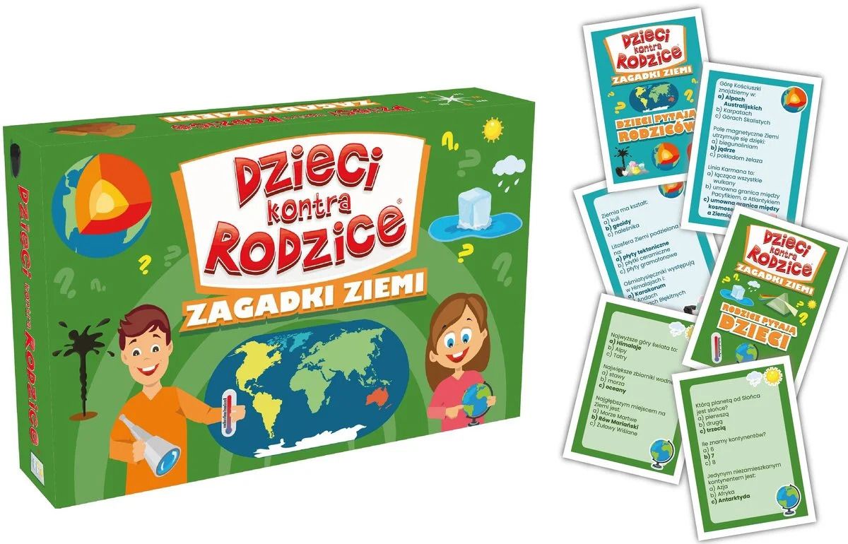 Karty gry edukacyjnej Dzieci kontra Rodzice Zagadki Ziemi KANGUR z pytaniami o geografii i przyrodzie