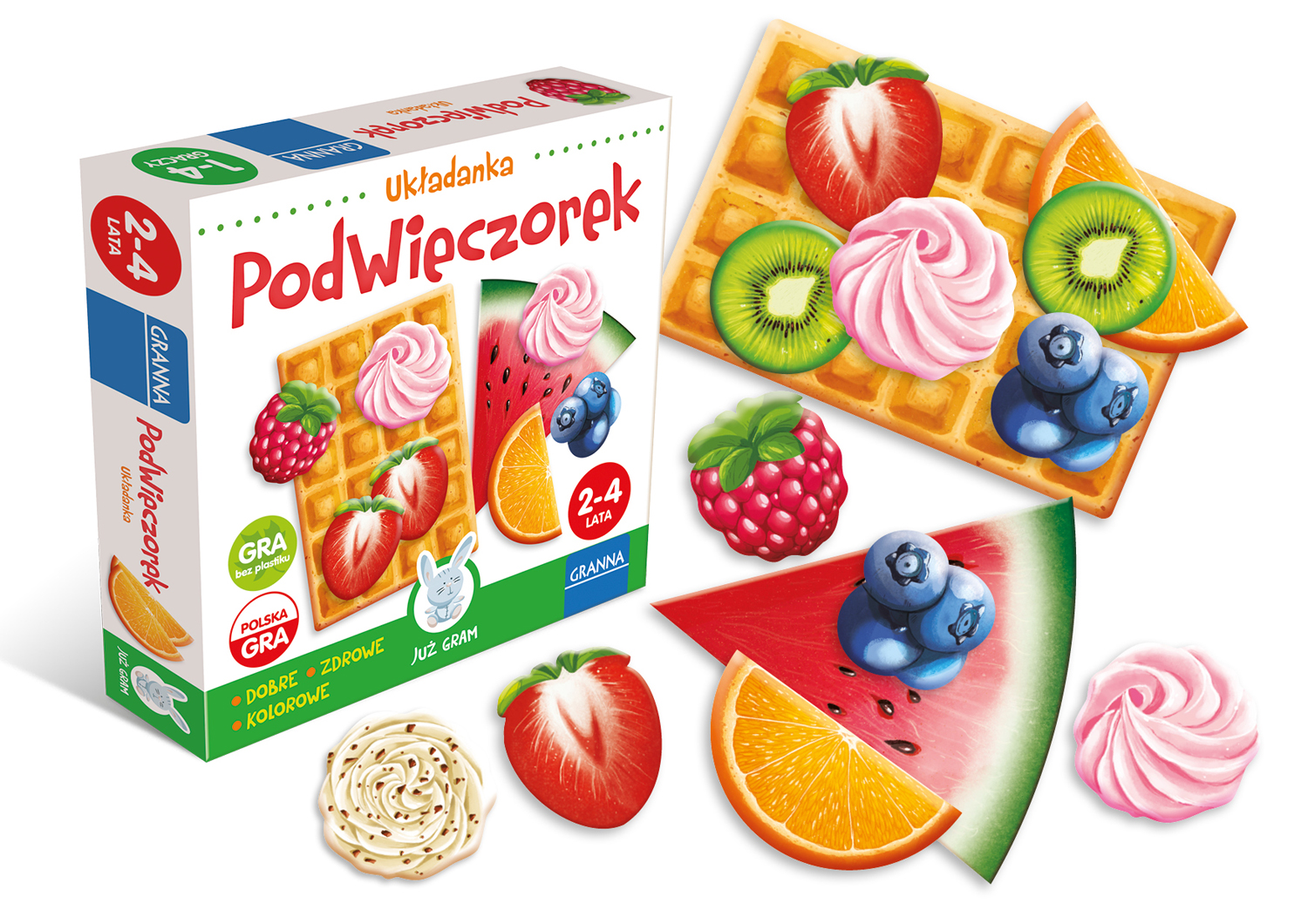 Elementy zestawu Podwieczorek Granna: gofry, placuszki, kremy i owoce
