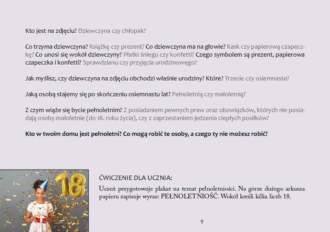 Strony z fotografiami i pytaniami w publikacji Będę dorosły Harmonia
