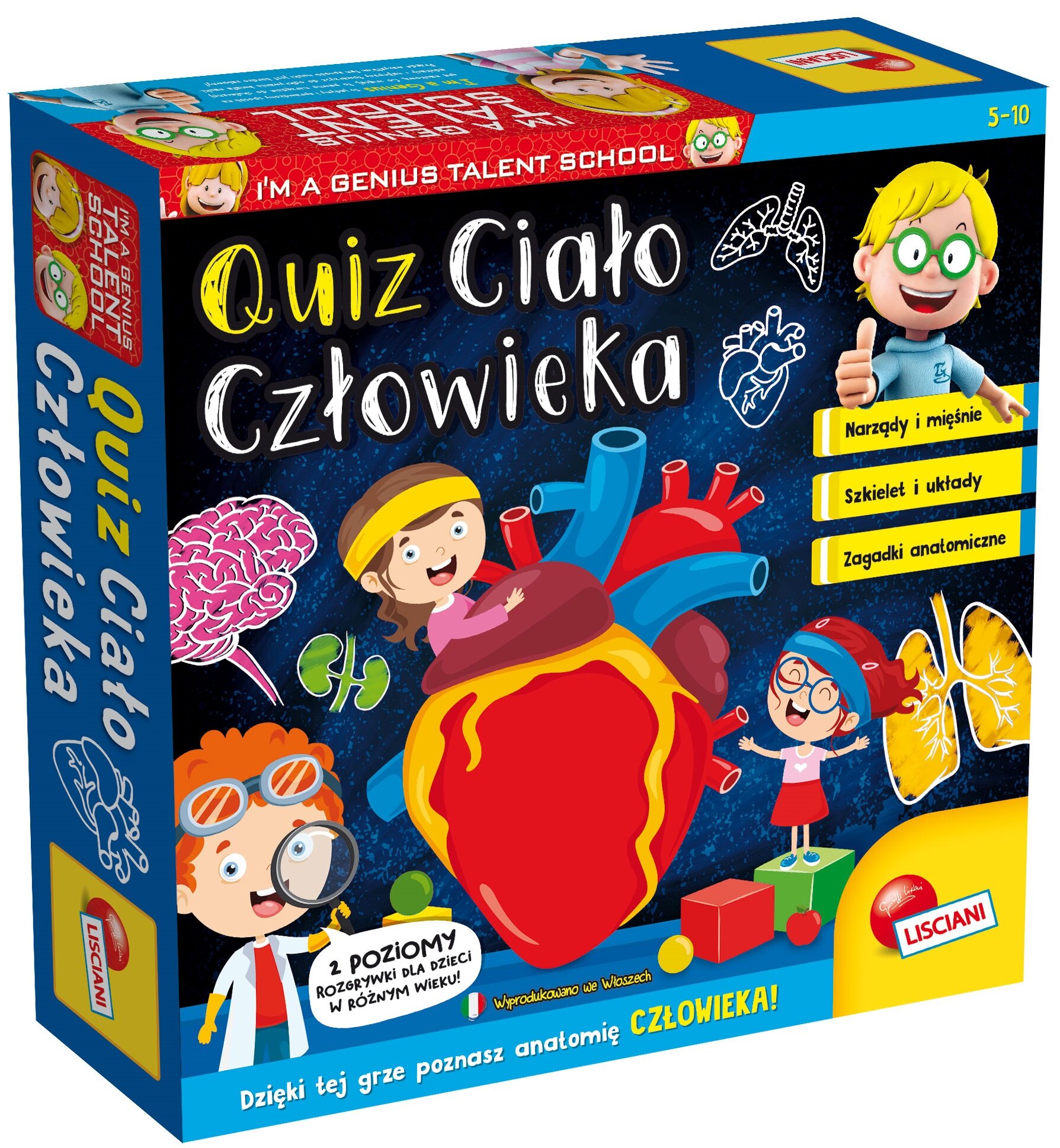 Zestaw elementów gry Quiz Ciało Człowieka Lisciani – pionki, spinner, żetony