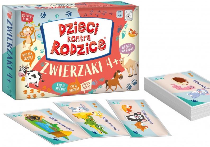 Karty gry Dzieci kontra Rodzice Zwierzaki 4+ z ilustracjami zwierząt i zagadkami rysunkowymi