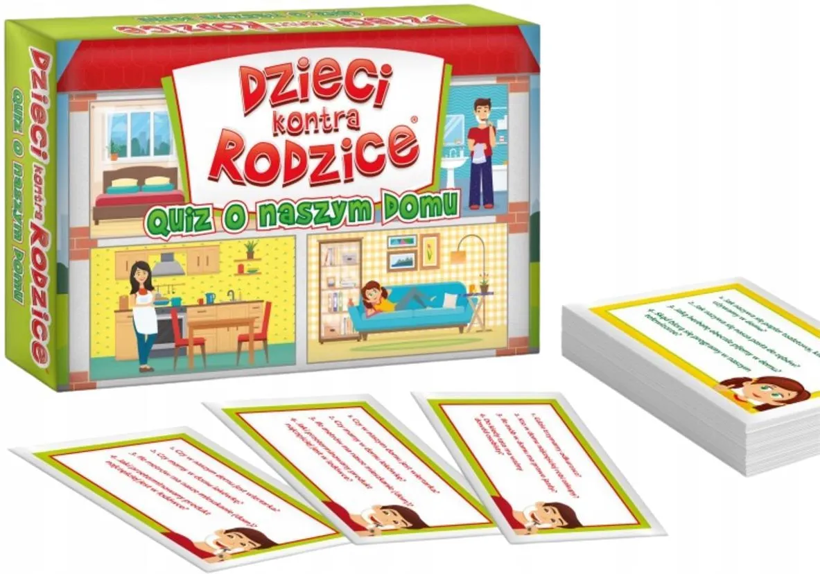 Karty gry karcianej Dzieci kontra Rodzice Quiz o naszym domu - widok kart i instrukcji