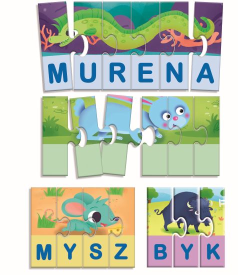 Elementy zestawu Carotina Piszę Pierwsze Słowa - kolorowe puzzle i litery do nauki czytania
