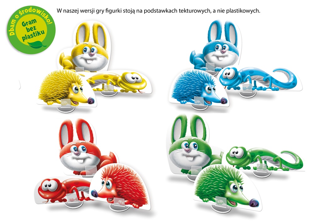 Plansza i elementy gry Raz, Dwa, Trzy… Wilk Patrzy! z interaktywnym wilkiem i kryjówkami